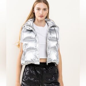 Padded Metallic Button Up Hoodie Vest